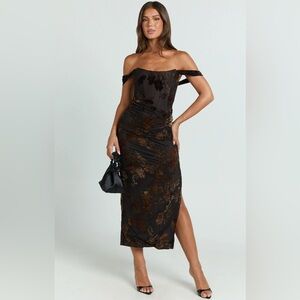 Showpo Strapless Black and Brown Floral Dress